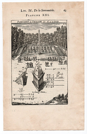 1702 Manesson Mallet, Dragon Fountain Chateau Saint Cloud, Paris, France, Antique Print. Plate XXI