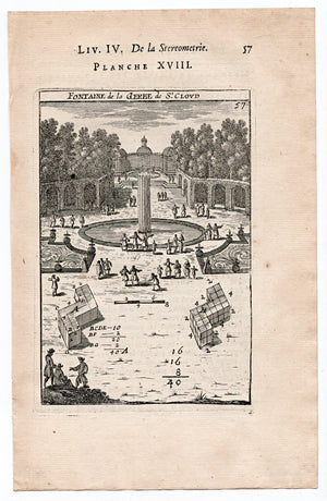 1702 Manesson Mallet, Fountain Gerbe, Saint Cloud, Paris, France, Antique Print. Plate XVIII