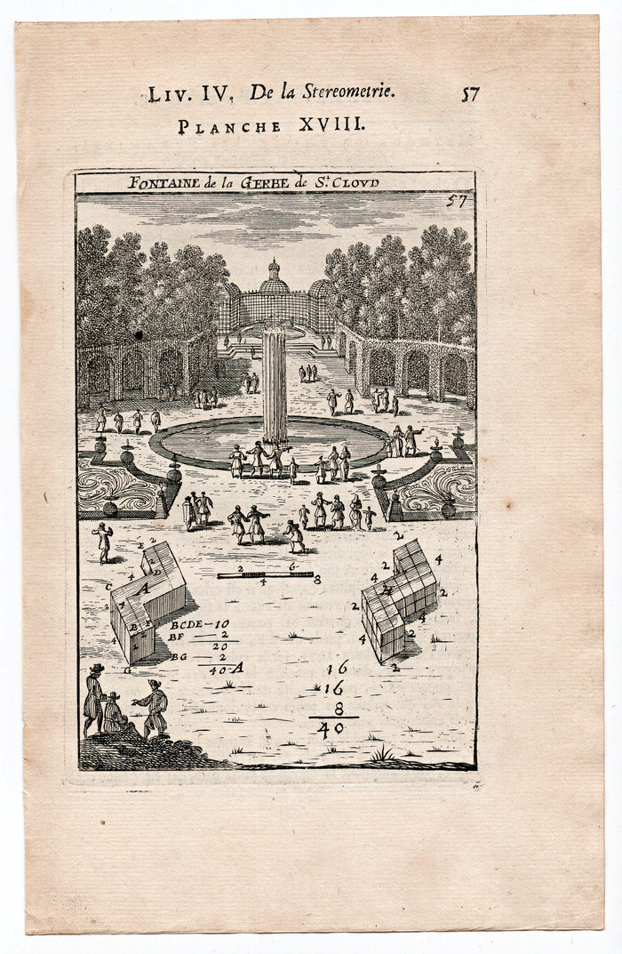 1702 Manesson Mallet, Fountain Gerbe, Saint Cloud, Paris, France Antique Print
