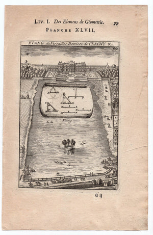 1702 Manesson Mallet, Pond of Versailles behind Chateau de Clagny, Paris France, Antique Print. Plate XLVII