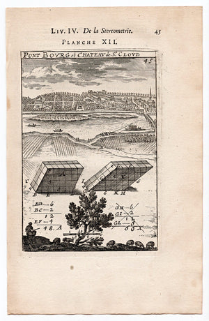 1702 Manesson Mallet, Pont Bourg et Chateau de St Cloud, Paris, France, Antique Print. Plate XII