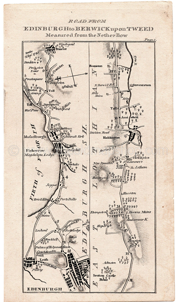 c.1792 Taylor & Skinner Scotland Map 1/2 Edinburgh, Leith, Musselburgh, Haddington, Dunbar