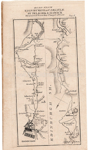 Antique Scotland Road Map by Taylor & Skinner, showing the roads through... Edinburgh, Liberton, Gilmerton, Newbattle, Cockpen, Arniston, Middleton, Heriot