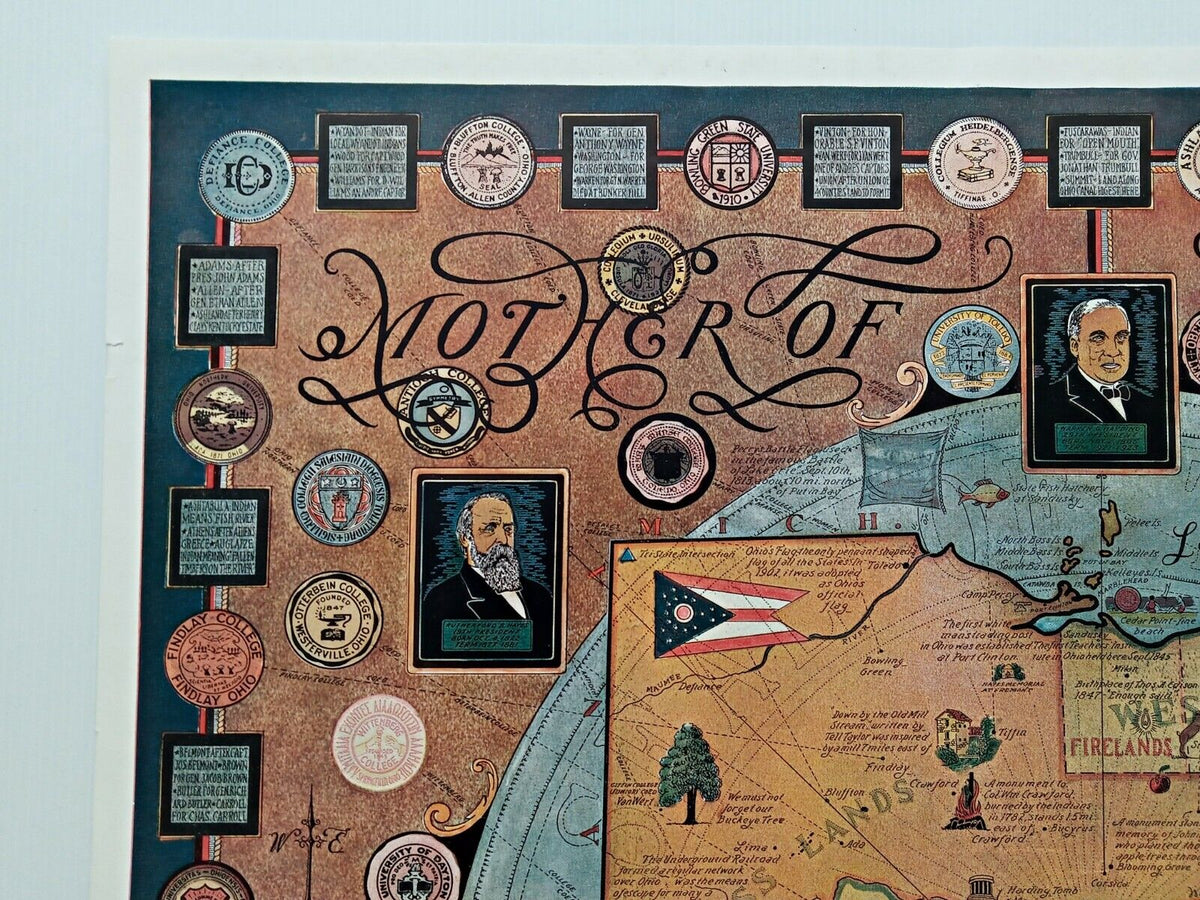 1939 Ohio Buckeye State Mother of Presidents Pictorial Map Poster Arth