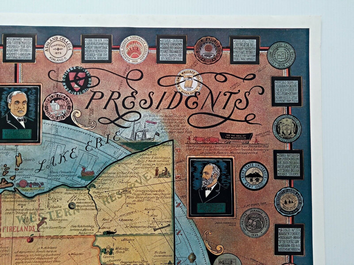 1939 Ohio Buckeye State Mother of Presidents Pictorial Map Poster Arth 