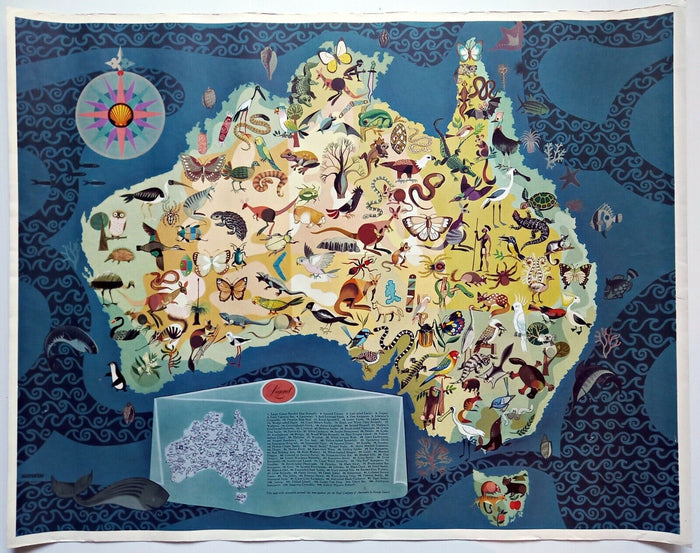 Rare c.1940-1950 George Santos, Decorative Animals, Fauna, Australia Pictorial Map. Published by Shell Oil