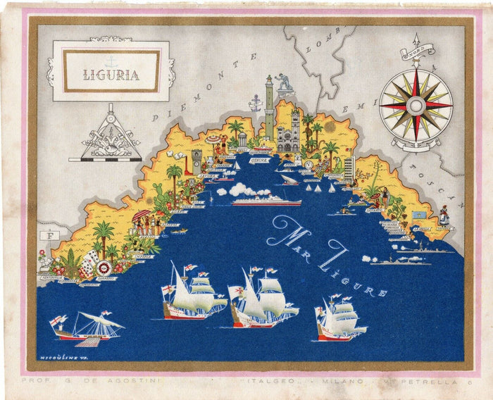 c.1941 Liguria Italy Pictorial Map De Agostini Nicouline Vsevolod Petrovic