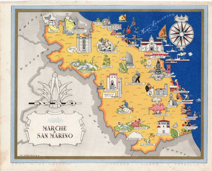 c.1941 Marche e San Marino Italy Pictorial Map De Agostini Nicouline Vsevolod Petrovic
