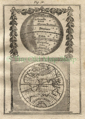 1719 Manesson Mallet Eastern Hemisphere Map, The Sky/Stars in 5 Zones, Celestial Antique Print published by Johann Adam Jung