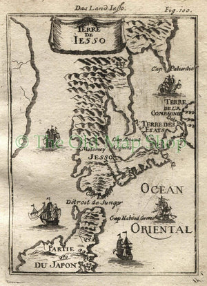 1719 Manesson Mallet Antique Map "Terre de Jesso", Northern Japan, Honshu, Hokkaido, Tsugaru Straits, Print published by Johann Adam Jung