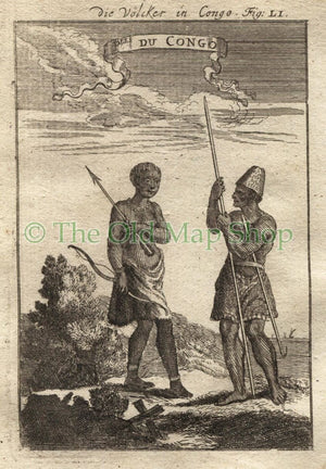 1719 Manesson Mallet "Ples du Congo" People, Natives of the Congo, Costume, Africa, Antique Print