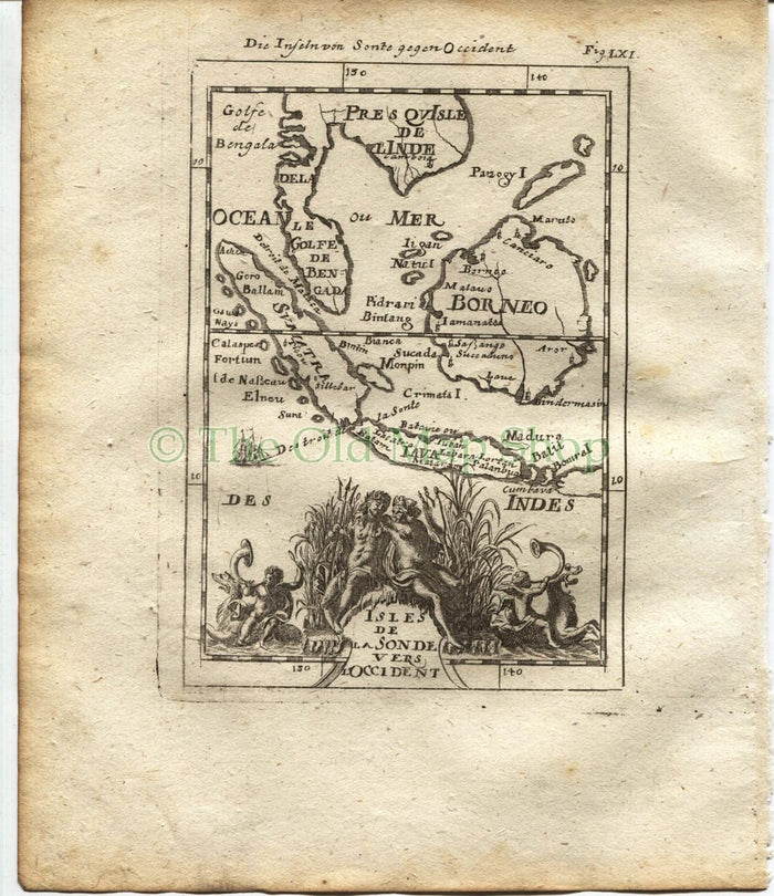 1719 Manesson Mallet Antique Map "Isles de la Sonde vers l'Occident" Borneo Indonesia Java Malaysia Sumatra, published by Johann Adam Jung