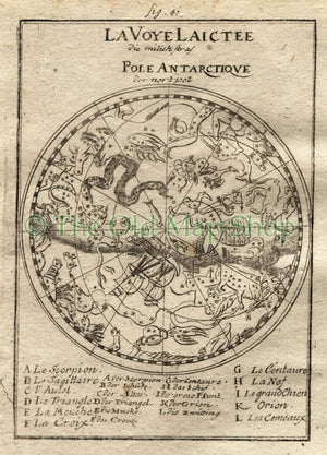 1719 Manesson Mallet "La Voye Laictee, Pole Antarctique" Southern Sky, Milky Way Star Constellation Map, Celestial, Astronomy, Antique Print
