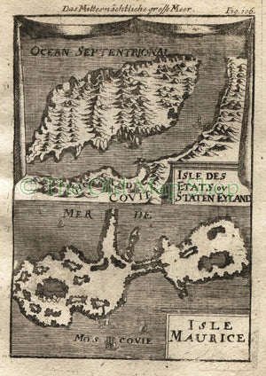 1719 Manesson Mallet "Isle des Etats ou Staten-Eyland; Isle Maurice" Russia, Dolgy Island, Ostrov Mestnyy, Antique Map, Print