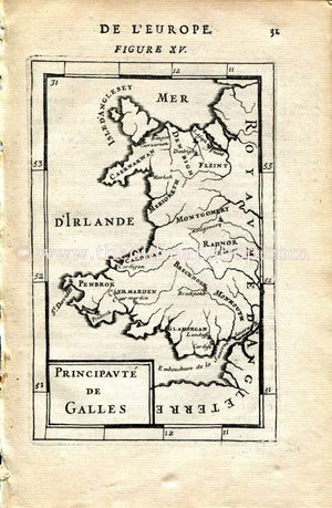 1683 Manesson Mallet "Principaute de Galles" Wales Antique Map Print Engraving