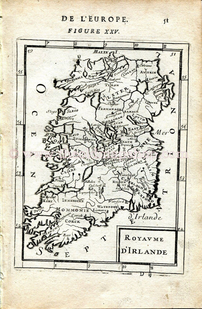 1683 Manesson Mallet "Royaume d'Irlande" Ireland Antique Map Print Engraving