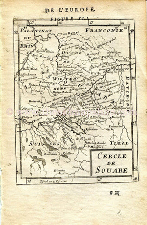 1683 Manesson Mallet "Cercle de Souabe" Germany, Austria, Switzerland, Stuttgart, Konstanz, Ulm, Augsburg, Antique Map Print Engraving