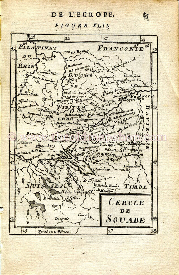 1683 Manesson Mallet "Cercle de Souabe" Map Germany, Switzerland, Austria, Stuttgart, Konstanz, Ulm, Augsburg, Antique Print Engraving