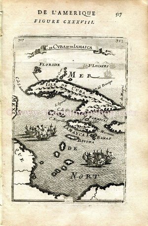 1683 Manesson Mallet "Is. de Cuba et de Jamaica" Cayman Islands, Florida, Bahamas, Mexico Coast, Antique Map Print Engraving