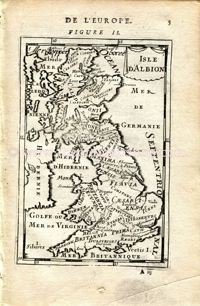 1683 Manesson Mallet Map "Isle D'Albion" Roman Britain, England, Ireland, Wales, Scotland Antique Print, Engraving