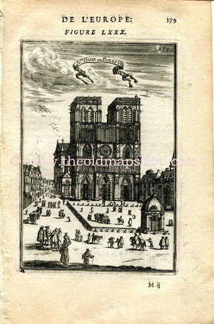 1683 Manesson Mallet "Notre Dame de Paris" Cathedral Paris France, View, Antique Print, Engraving