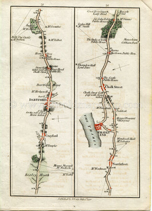 1790 John Cary Antique Road Map 51/52 Bexleyheath, Crayford, Dartford, Stone, Northfleet, Gravesend, Chalk, Shorne