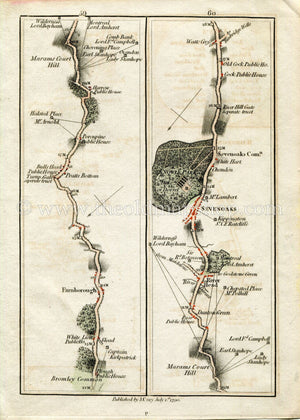 1790 John Cary Antique Road Map 59/60 Bromley Common, Farnborough, Pratt's Bottom, Dunton Green, Riverhead, Sevenoaks, Knole Park