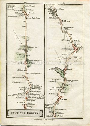 1790 John Cary Antique Road Map 69/70 Tooting, Merton, Morden, Ewell, Epsom, Ashtead, Leatherhead, Mickleham