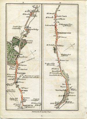 1790 John Cary Antique Road Map 21/22 Bushey Heath, Watford, Hunton Bridge, Kings Langley, Bourne End, Berkhamsted, Northchurch