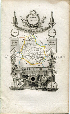 1823 Perrot Map of Côte-d'Or, France, Antique Map, Print. Outline Original Hand Colouring.