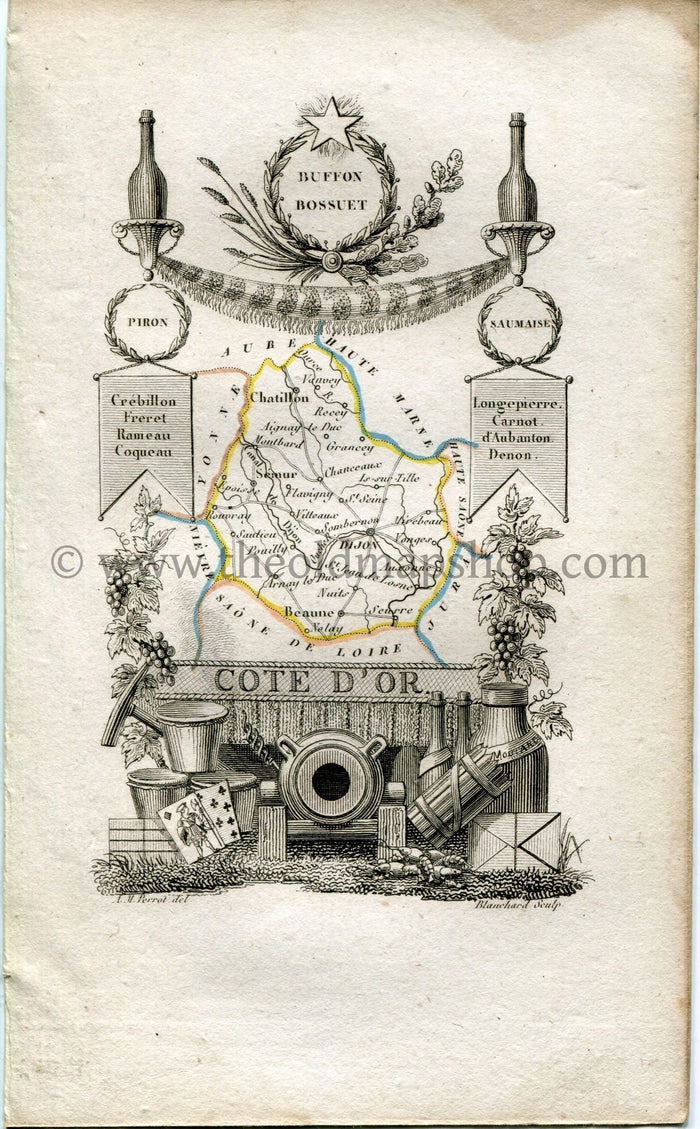 1823 Perrot Map of Côte-d'Or, France, Antique Map, Print. Outline Original Hand Colouring.