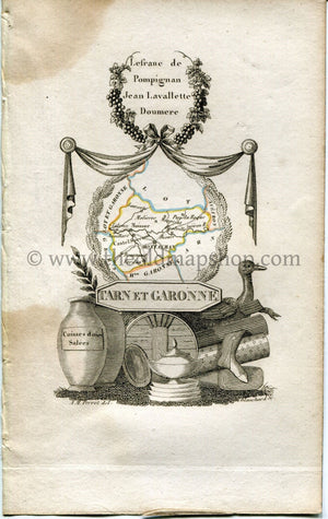 1823 Perrot Map of Tarn-et-Garonne, France, Antique Map, Print. Outline Original Hand Colouring.