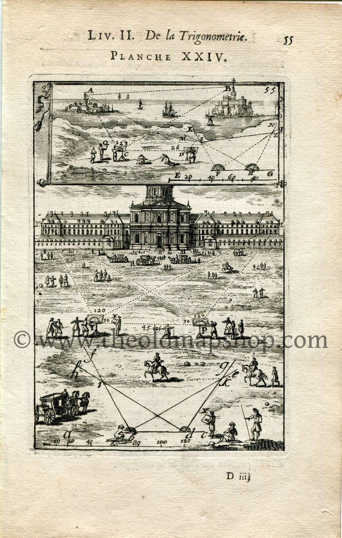 1702 Manesson Mallet Antique Print, Engraving - Surveyors, Surveying, Chateau, Graphometer, Trigonometry, Geometry - No.24