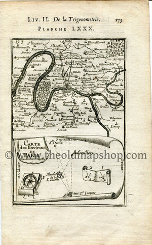 1702 Manesson Mallet Antique Map, Print, Engraving - Carte des Environs de Paris, River Seine France - No.80