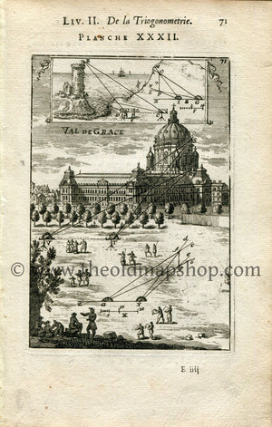 1702 Manesson Mallet Antique Print, Engraving - Church of the Val-de-Grâce Hospital, Paris, France, Surveyors, Surveying Graphometer - No.32 - The Old Map Shop