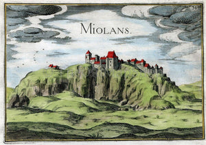 1634 Nicolas Tassin Antique Print, Bird's-eye View Fortress of Miolans, Château de Miolans, Savoy, France Carte, Map
