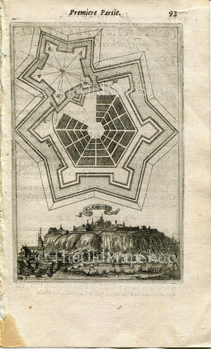 Clermont, Oise, France Antique Print, Map, 1672 Manesson Mallet "Les Travaux De Mars" Engraving, Bird's-eye, Perspective View