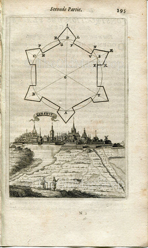 Le Quesnoy, France, Antique Print, Map, 1672 Manesson Mallet "Les Travaux De Mars" Engraving, Bird's-eye Perspective View