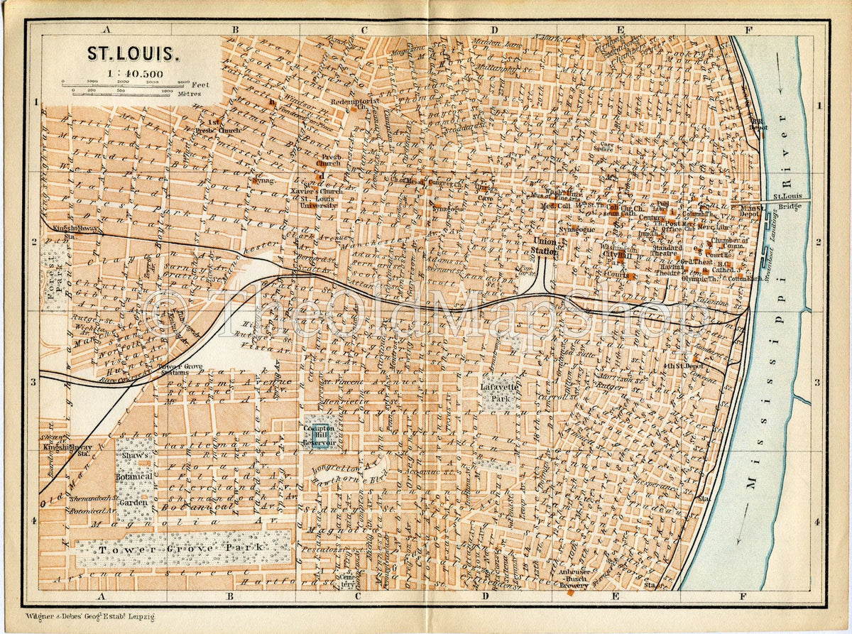 1899 Minneapolis, St Paul, Minnesota, United States, Antique Baedeker Map,  Print