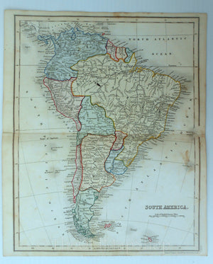 c.1840 South America, Antique Map, Brazil, Argentina, Chili, Bolivia, Peru, Colombia, Print by John Dower, Hand Colored