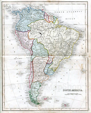 c.1840 South America, Antique Map, Brazil, Argentina, Chili, Bolivia, Peru, Colombia, Print by John Dower, Hand Colored