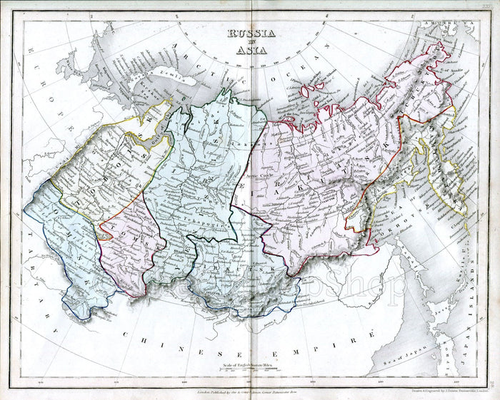 c.1840 Russia in Asia, Antique Map, Print by John Dower, Hand Colored