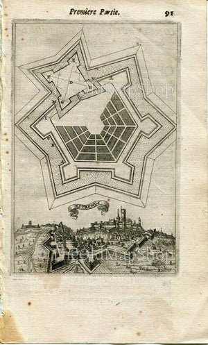 Estremoz, Portugal Antique Print, Map, 1672 Manesson Mallet "Les Travaux De Mars" Engraving, Bird's-eye, Perspective View