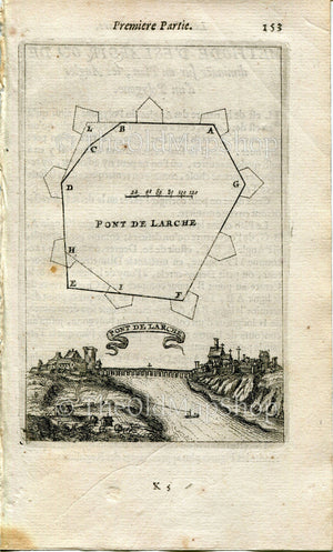 Pont-de-l'Arche, France Antique Print, Map, 1672 Manesson Mallet "Les Travaux De Mars" Engraving, Bird's-eye, Perspective View
