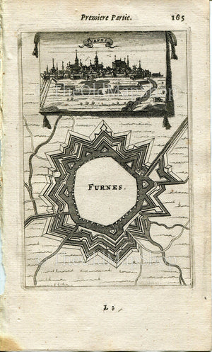 Furnes, Veurne, Belgium Antique Print Map Fort Fortified Fortification Town Plan, 1672 Manesson Mallet "Les Travaux De Mars" Engraving