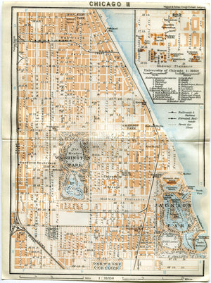 1909 Chicago, Illinois, Antique Baedeker Print, Map