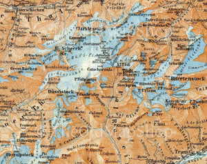 1899 Linthal, Schlans, Trun, Sumvitg, Bifertenstock, Oberalpstock, Spiringen, Switzerland Antique Baedeker Map, Print