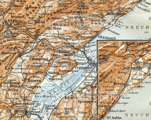 1899 Yverdon-Les-Bains, Sainte-Croix, Orges, Champagne, Concise, Fleuries, Couvet, Switzerland, Antique Baedeker Map, Print
