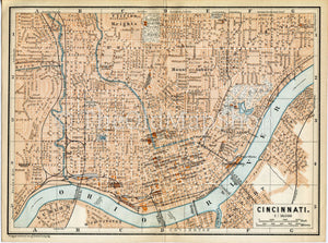 1899 Cincinnati, Ohio, United States, Town Plan, Antique Baedeker Map, Print