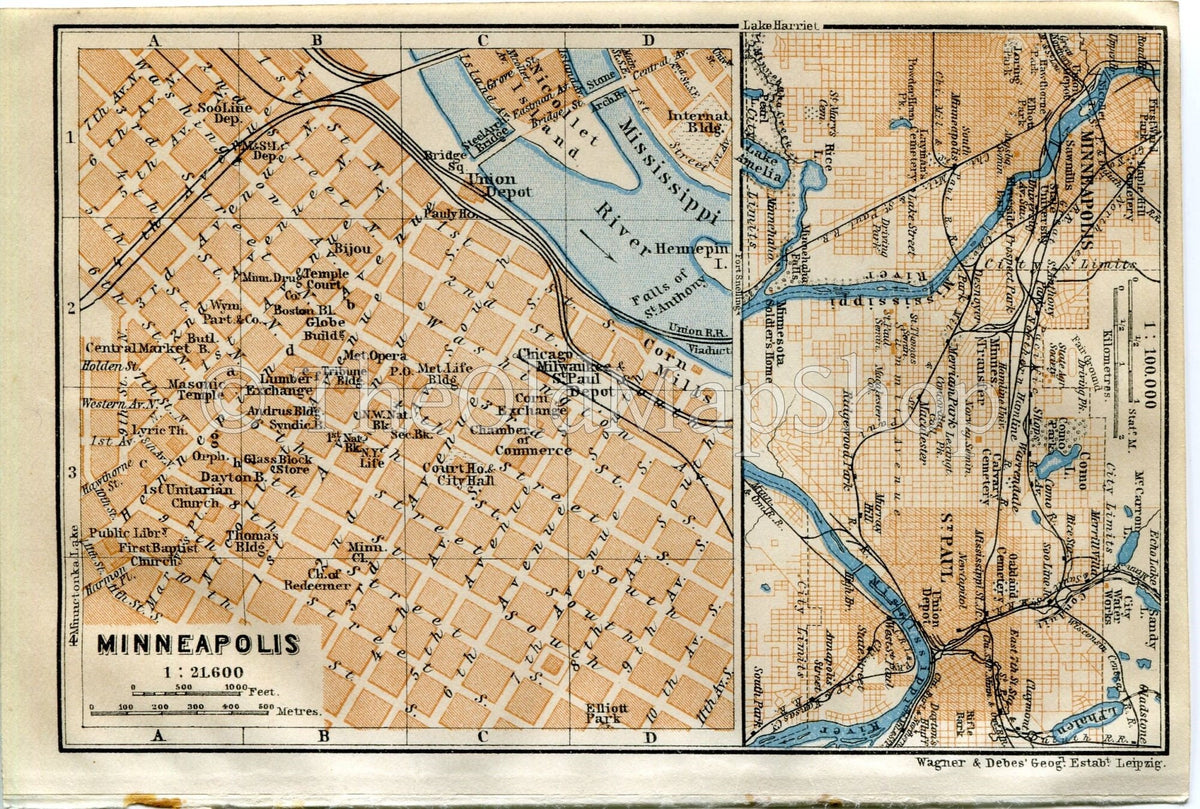 1899 Minneapolis, St Paul, Minnesota, United States, Antique Baedeker Map,  Print
